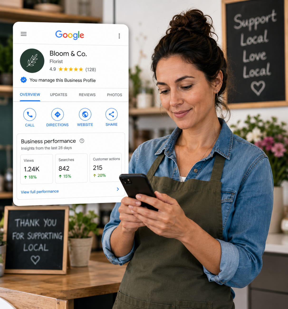 Local business owner checking their Google Business Profile